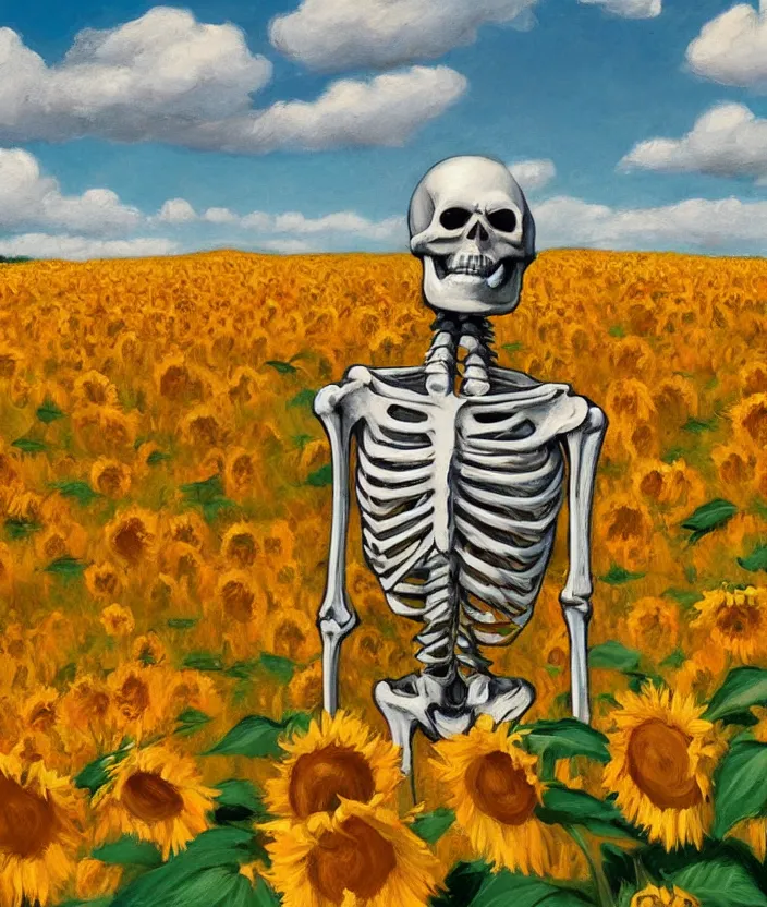 Prompt: a closeup portrait of a skeleton in an orange prisoner overall, standing in beautiful sunflower field, screaming and sad, highly detailed, aesthetic clouds in the sky, in the style of edward hopper, very fine brush strokes, 4 k,