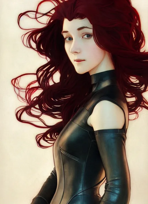 Image similar to pretty young woman with shoulder length shiny shimmering dark red hair and wearing leather high - tech suit, path traced, highly detailed, high quality, digital painting, by studio ghibli and alphonse mucha, leesha hannigan, makoto shinkai, disney