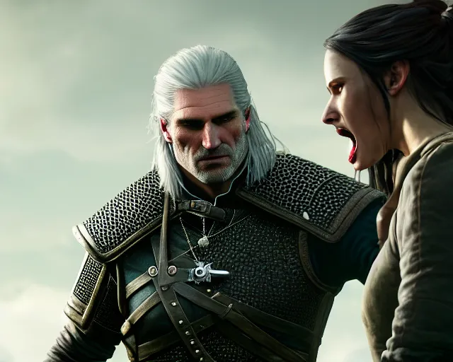 Image similar to 5 5 mm portrait photo of geralt cowering while being yelled at by yennefer of vengerberg. magical atmosphere. art by greg rutkowski. highly detailed 8 k. intricate. lifelike. soft light. nikon d 8 5 0.