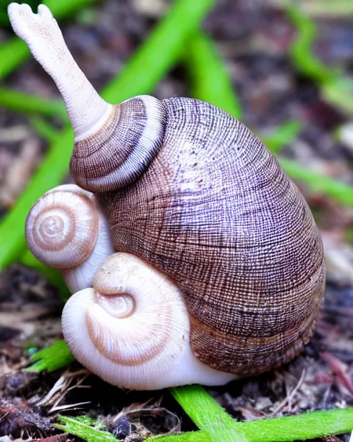 Image similar to snail rabbit, fluffy and unique, bizarre, high detail