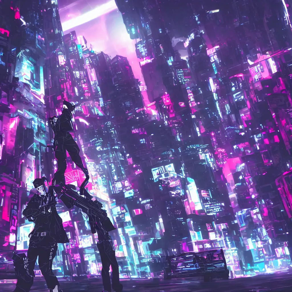 Image similar to Reaper (The World Ends With You) holding gun, cyberpunk aesthetic, city skyline on background, neon lights, glow, retrowave style