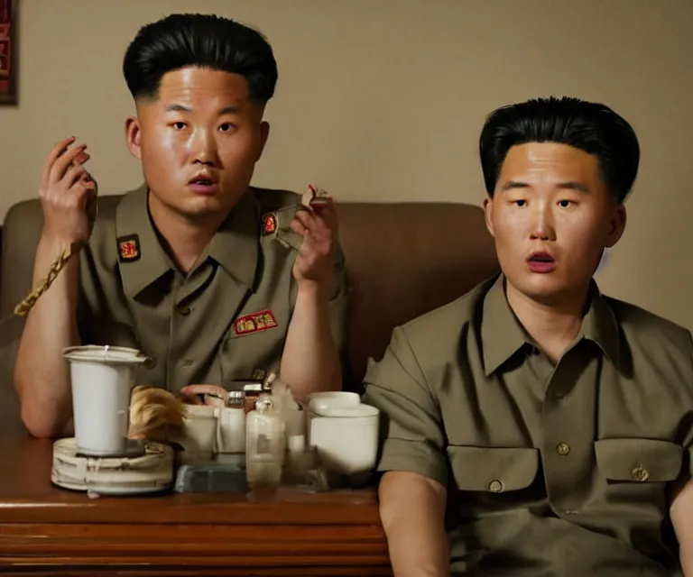 Prompt: hyperralism pineapple express movie still photography of real detailed north korean kim chen with detailed face smoking detailed weed in detailed basement bedroom