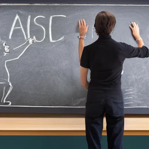 Image similar to chimpanzee scientist lecturer teaching evolution standing in front of a blackboard in a university