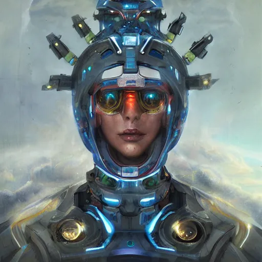 Prompt: portrait of cyber mecha shaman merged with hydron collider by tom bagshaw