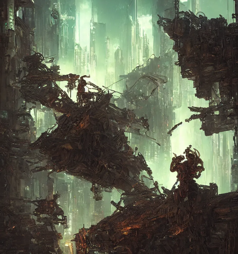 Image similar to cyberpunk gladiator, cinematic, highly detailed, octane render, cg, rich cinematic atmosphere, perfect digital art, mystical journey in strange world, Mystical, cyberpunk, tech war, sci-fi, surreal, glowing lights, sharp focus, high detailed, by Akihiko Yoshida, michael whelan and Karol Bak