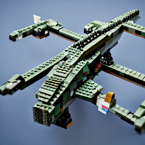 Image similar to a military drone made of legos, realistic photography, high detailed