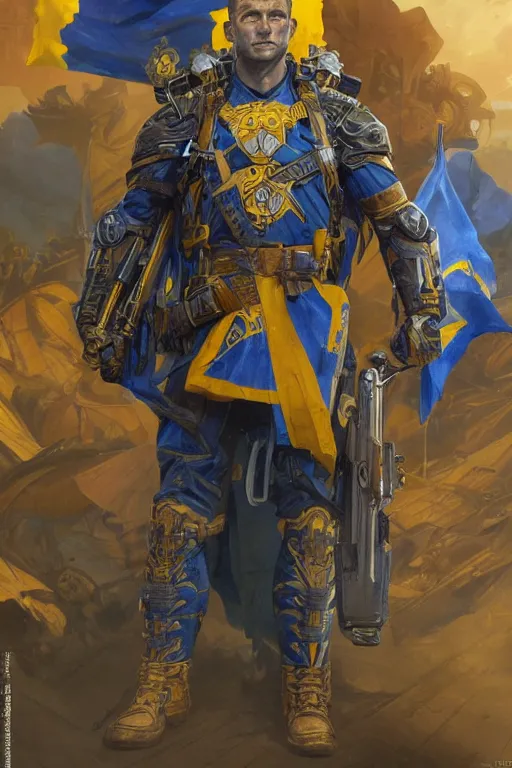 Image similar to shot of Vladimir Zelenskiy as a super soldier with Ukrainian blue and yellow flag on his back, handsome, fantasy, intricate, pile of skulls under his feet, elegant, highly detailed, digital painting, artstation, concept art, smooth, sharp focus, illustration, art by artgerm and greg rutkowski and alphonse mucha