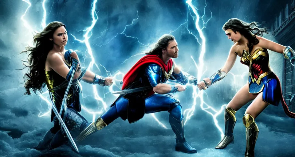 Prompt: thor, vs., wonder woman, cinematic movie scene, epic fight, blue lightning, yellow lightning, photo