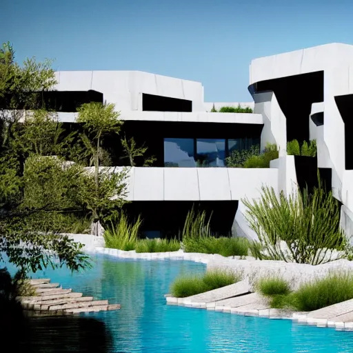 Image similar to habitat 6 7 in the desert, biophilia mood, pool, garden, highly detailed, cinematic, photorealistic,