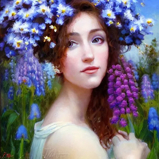 Image similar to a portrait of a romantic woman with flowers grow out of hair, roses peonies forget-me-nots dahlias lupins gladioli, sky theme in background, by Alexandr Averin, Digital Art, Trending on artstation