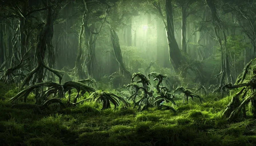 Prompt: hyper realistic highly detailed nature photography of skeleton wraiths in a bioluminescent grove with heavy vegetation, prehistoric planet, volumetric lighting, octane render, 4 k resolution, golden hour