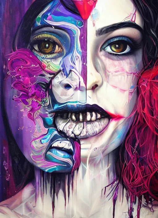 Prompt: gorgeous magic cult psychic woman smiling, third eye, subjective consciousness psychedelic, epic surrealism expressionism symbolism, story telling, iconic, dark robed, oil painting, symmetrical face, dark myth mythos, by Sandra Chevrier, Harumi Hironaka masterpiece