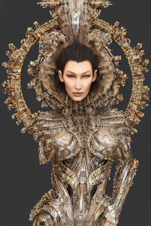 Prompt: a highly detailed medium shot 4 k render of an alien goddess bella hadid in iris van herpen dress schiaparelli armor in diamonds and lots of jewelry in style of alphonse mucha trending on artstation made in unreal engine 4