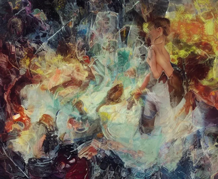 Prompt: fantastic extraordinary beautiful women into fluid infinity variations of colours mass, close - up, norman rockwell, viktor safonkin, jeff dekal, larry elmore, intricate details, hyperrealistic oil painting on canvas, deep depth field, hd, hdr, 4 k, 8 k