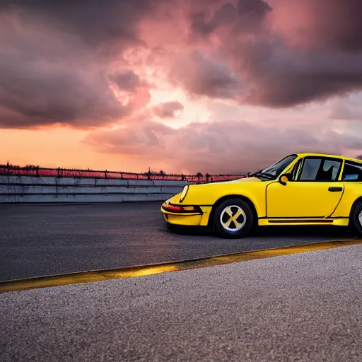 Image similar to a yellow 1 9 8 5 porsche 9 1 1 turbo, palm beach swimming pool, sunset, hyperreal, 4 k