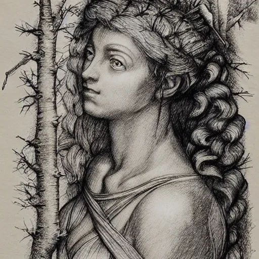 Image similar to “8k pencil drawing of Diana huntress in beautiful forest, Horses in run, intricate in style of Michelangelo and Rubens and Albrecht Durer, hand made paper” - H 768