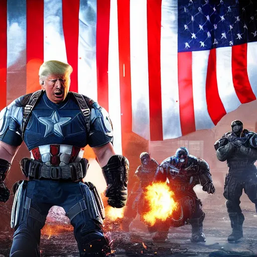 Image similar to Portrait! of President Donald Trump as ((captain america)) in Gears of War, splash art, movie still, cinematic lighting, dramatic, octane render, long lens, shallow depth of field, bokeh, anamorphic lens flare, 8k, hyper detailed, 35mm film grain