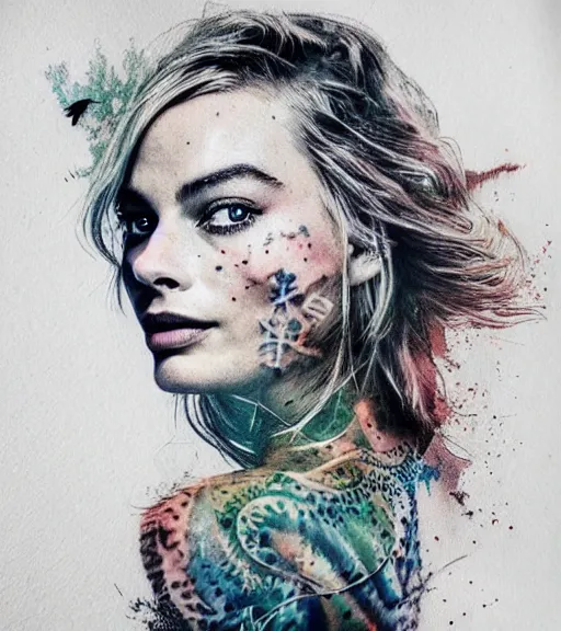 Image similar to tattoo design sketch double exposure of margot robbie faded in beautiful mountain scenery, creative mash up, in the style of arlo dicristina, surrealist, amazing detail, sharp