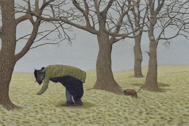 Prompt: torn mittens of the frostbitten hunter, leaning against the oak - tree and had almost fallen asleep when a clattering of hoofs awakened him, a snowdrop alex colville painting