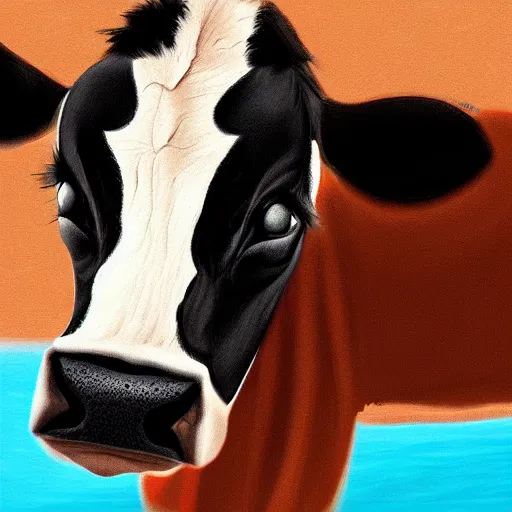 Image similar to half cow half human, digital painting, cow lifeguard