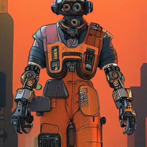 Image similar to hector. cyberpunk mechanic dude with robotic legs. orange and black color scheme. concept art by james gurney and mœbius. apex legends character art