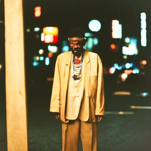 Image similar to old black man in tokyo at night, wearing gold chain, gold rings, cinestill 8 0 0,