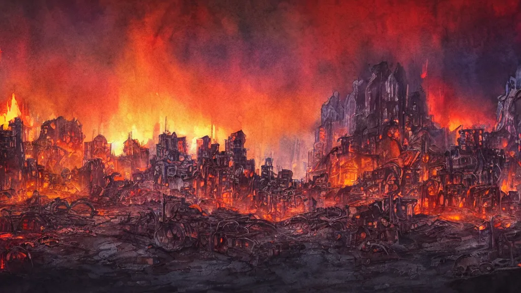 Image similar to a watercolor painting of an abandoned fiery city in hell, scary, bright, fantasy, smoke, fire, circular, digital art,