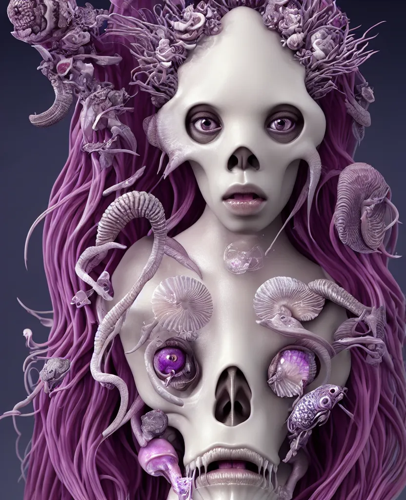 Image similar to goddess princess beautiful face close-up portrait ram skull plasticine sculpture. jellyfish phoenix head, nautilus, orchid, skull, betta fish, bioluminiscent creatures, intricate artwork by Tooth Wu and wlop and beeple. octane render, trending on artstation, greg rutkowski very coherent symmetrical artwork. cinematic, hyper realism, high detail, octane render, 8k