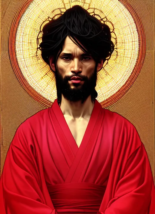 Image similar to symmetry!! portrait of terrence boyd as a jesus christ in a red kimono with an halo, face close - up, intricate, elegant, highly detailed, digital painting, artstation, concept art, smooth, sharp focus, illustration, art by artgerm and greg rutkowski and alphonse mucha