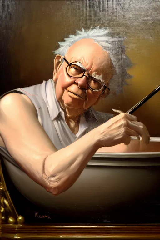 Prompt: baroque oil painting of anime key visual concept art of warren buffet sitting in a bathtub full of usd cash money, award winning, trending on artstation, palette knife! and brush strokes, oil on canvas, makoto shinkai greg rutkowski studio ghibli