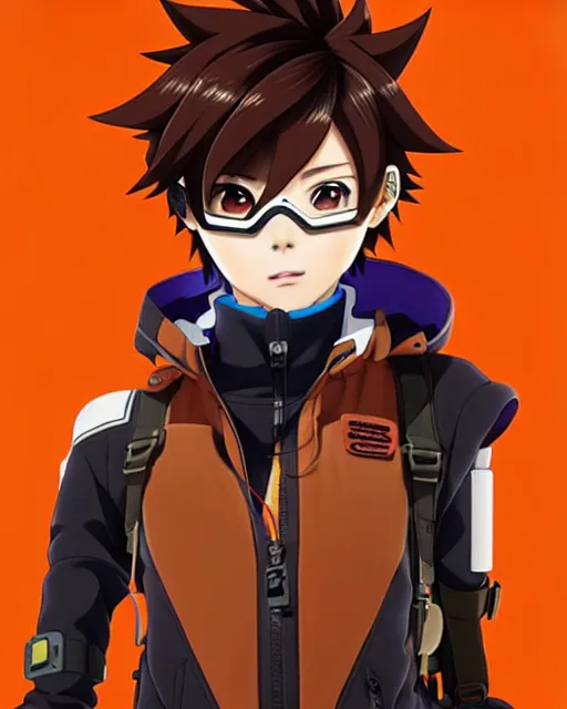 Image similar to Anime as Tracer Overwatch wearing brown-leather-coat; in snowboard orange-mask || cute-fine-face, pretty face, realistic shaded Perfect face, fine details. Anime. realistic shaded lighting poster by Ilya Kuvshinov katsuhiro otomo ghost-in-the-shell, magali villeneuve, artgerm, Jeremy Lipkin and Michael Garmash and Rob Rey as Overwatch Tracer cute smile