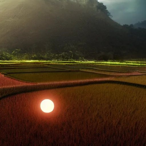 Prompt: A large blood moon rising over a rice paddy in Bali, concept art, matte painting, trending artstation, octane render, plague, apocalyptic 8k