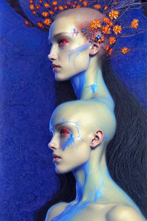 Image similar to portrait of beautiful young mainem, warhammer, russian style, cyber armor with scars, a lot of more scars, more and more flowers, blue head, the middle ages, highly detailed, artstation, illustration, art by jean delville, 8 k quality