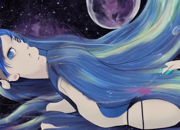 Image similar to a woman with blue hair laying on the ground with her head down, a detailed painting by rei kamoi, featured on pixiv, space art, official art, anime, toonami