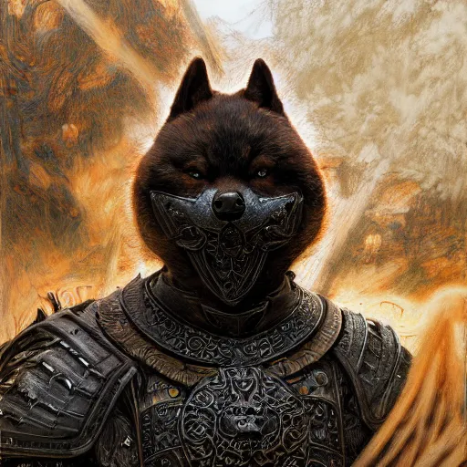 Image similar to berserk black armor, anthropomorphic shiba inu, realistic face realistic visible face, in berserk black armor, stuning 3 d render, masterpiece, glowing aura, by donato giancola and greg rutkowski and wayne barlow and zdzisław beksinski