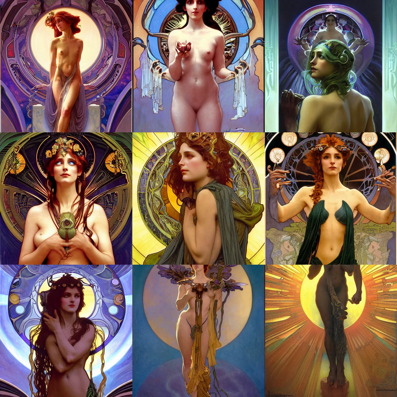 Prompt: stunning, breathtaking, awe-inspiring award-winning concept art nouveau painting of attractive alien as the goddess of the sun, with anxious, piercing eyes, by Alphonse Mucha, Michael Whelan, William Adolphe Bouguereau, John Williams Waterhouse, and Donato Giancola, cyberpunk, extremely moody lighting, glowing light and shadow, atmospheric, cinematic, 8K