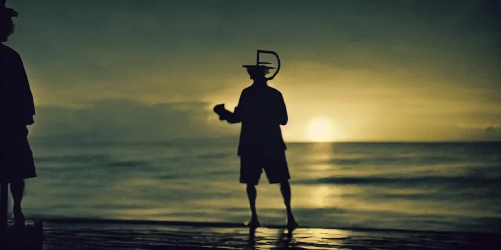 Image similar to film still of closeup old man holding up lantern by his beach hut at night. pirate ship in the ocean by emmanuel lubezki