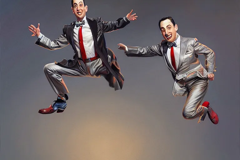 Image similar to Portrait of pee-wee herman leaping to the side, highly detailed, digital painting, artstation, concept art, illustration, dramatic lighting, art by donato giancola