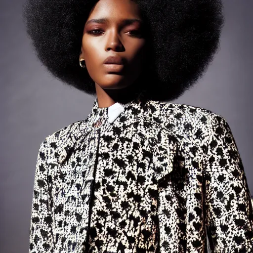 Image similar to close up of headof a black fashion model with afro, standing at black wall, official valentino editorial, highly detailed