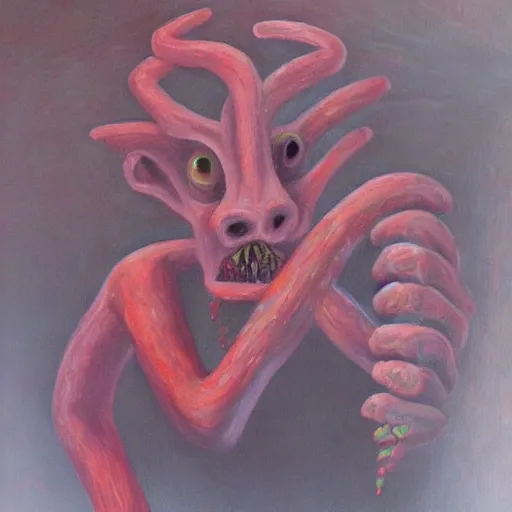 Image similar to a creep strawberey creature, oil in canvas,