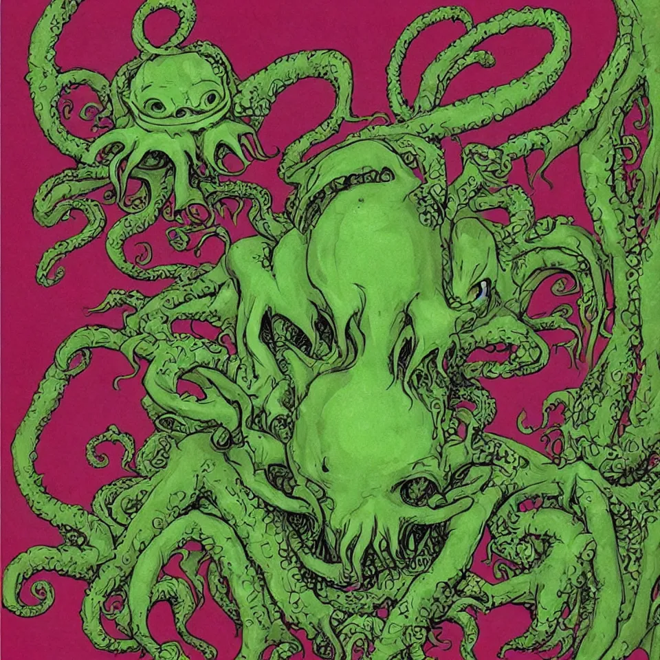 Image similar to art by roger dean. cute cthulhu icon avatar with a million eyes