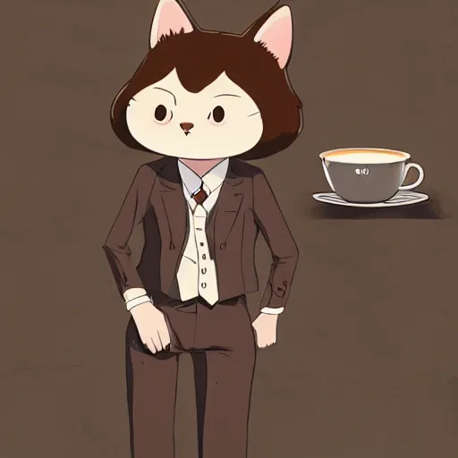 Image similar to a highly detailed portait of a cute little anthropomorphic cat barista wearing a suit in a modern coffee shop by studio ghibli, tiny, small, cute and adorable, pretty, beautiful, character art portrait, matte painting, Artstation