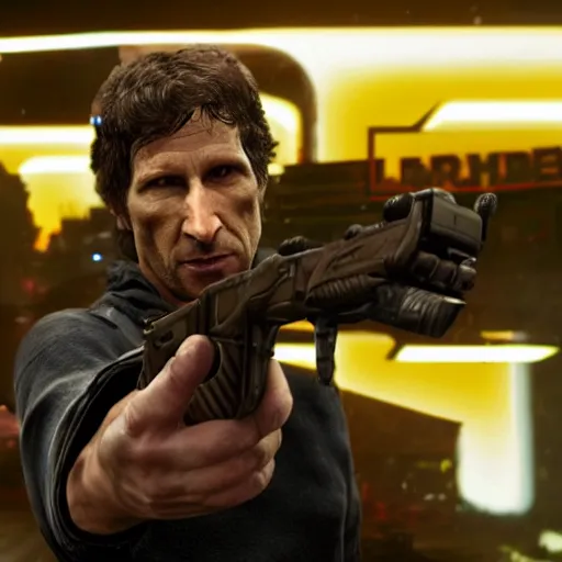 Prompt: todd howard pointing a gun towards the camera and forcing you to buy skyrim, threatening, sharp, cinematic, colorful, digital, neon, bright, cyberpunk, blade runner 2 0 4 9, realism, bold