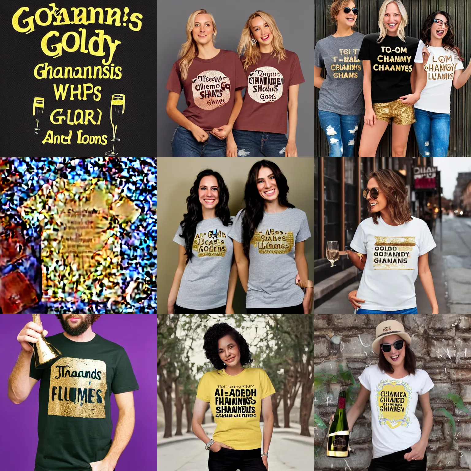 Prompt: a t - shirt with the words goldy shananigans and two champagne flutes