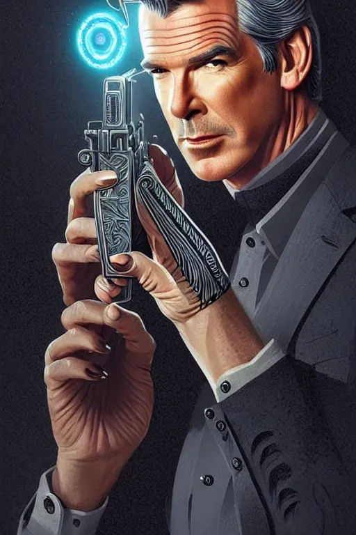 Prompt: Pierce Brosnan as James Bond, art deco, fantasy, intricate art deco leaf designs, elegant, highly detailed Glock pistol, sharp focus, art by Artgerm and beeple and Greg Rutkowski and WLOP