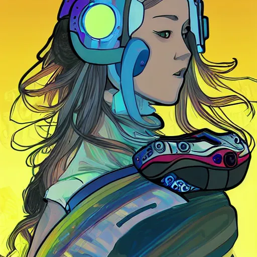 Prompt: A female hoverboarder, cyberpunk, digital art, by Studio Ghibli and Alphonse Mucha