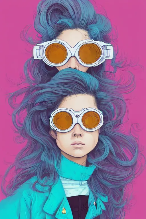 Image similar to portrait painting of a teenage girl with swept back wild aquamarine hair, fashionable, windy, goggles, sharp focus, award - winning, trending on artstation, masterpiece, highly detailed, intricate. art by josan gonzales and moebius and deathburger