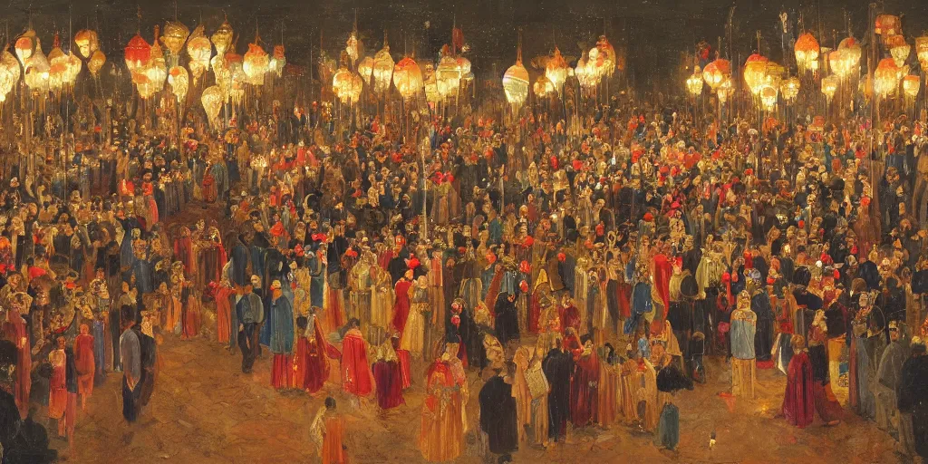 Image similar to night ceremony in the palace, crowd, happy faces, lanterns, detailed, oil - paint