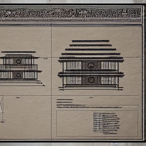 Prompt: detailed schematic for an ancient temple construction, faded parchment, aged, descriptions, highly detailed, 8 k,