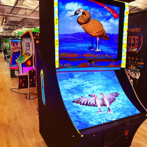 Image similar to huge arcade machine with graphics of a goose